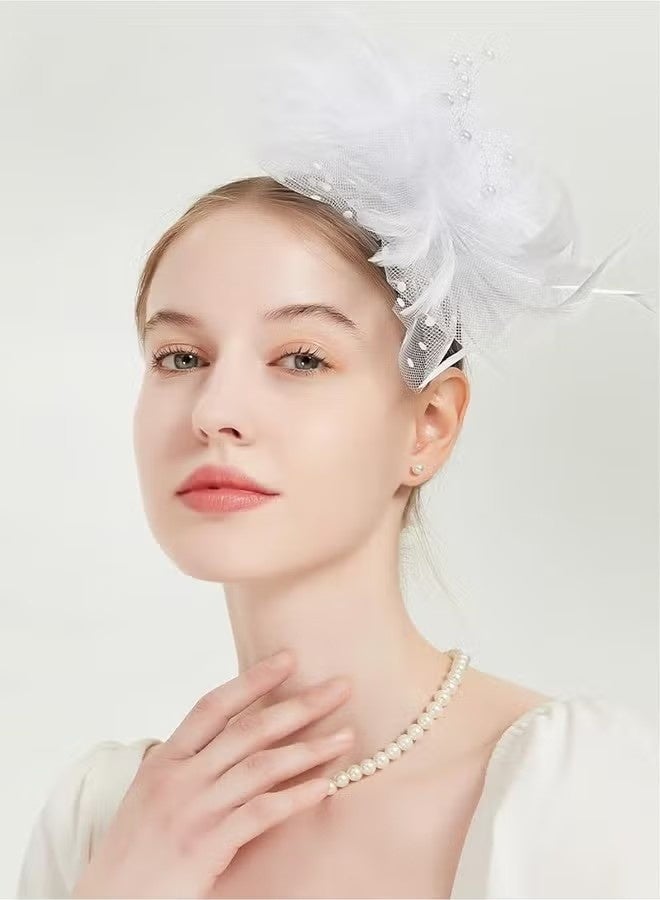 Women's Tea Party Fascinators Mesh Flower-Shaped Pearl Feather Veil Kentucky Derby Fascinator Hats with Headband and Clip - Image 2